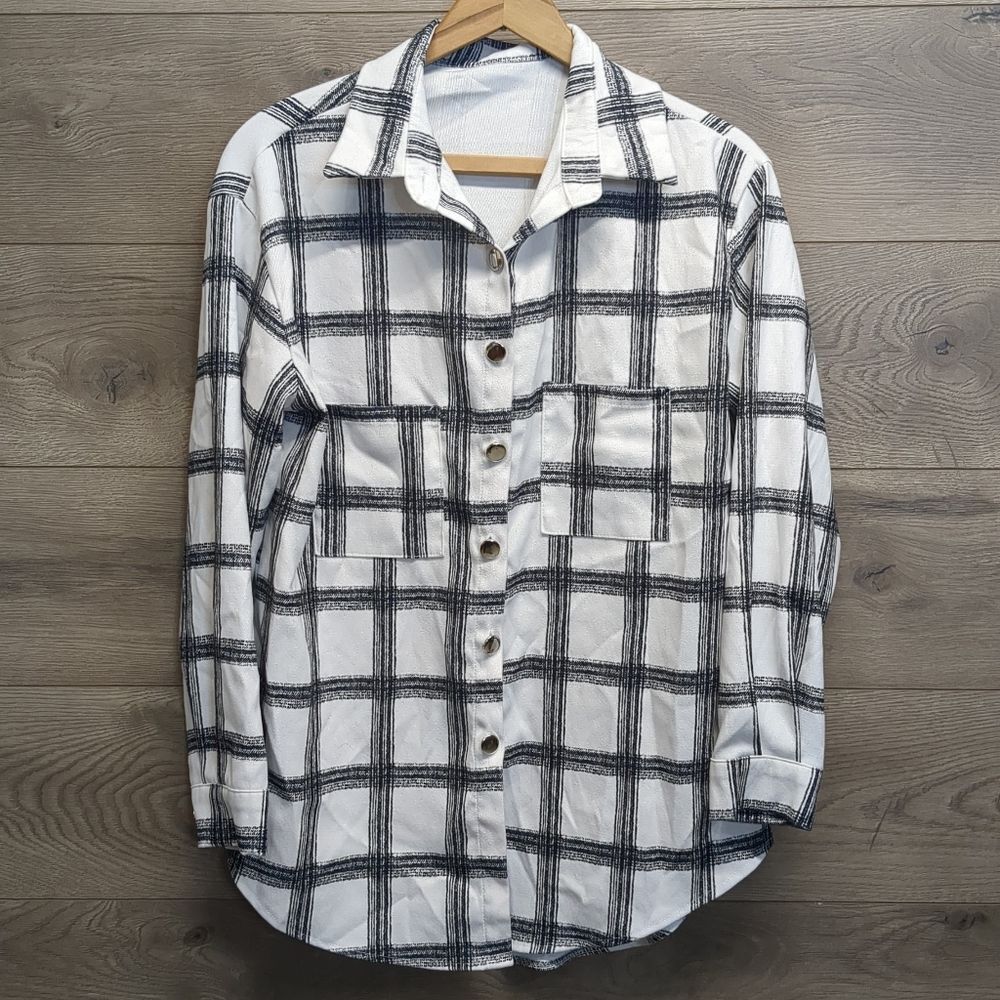 Plaid Shacket Oversized Flannel Jacket Black White Unisex L/XL
